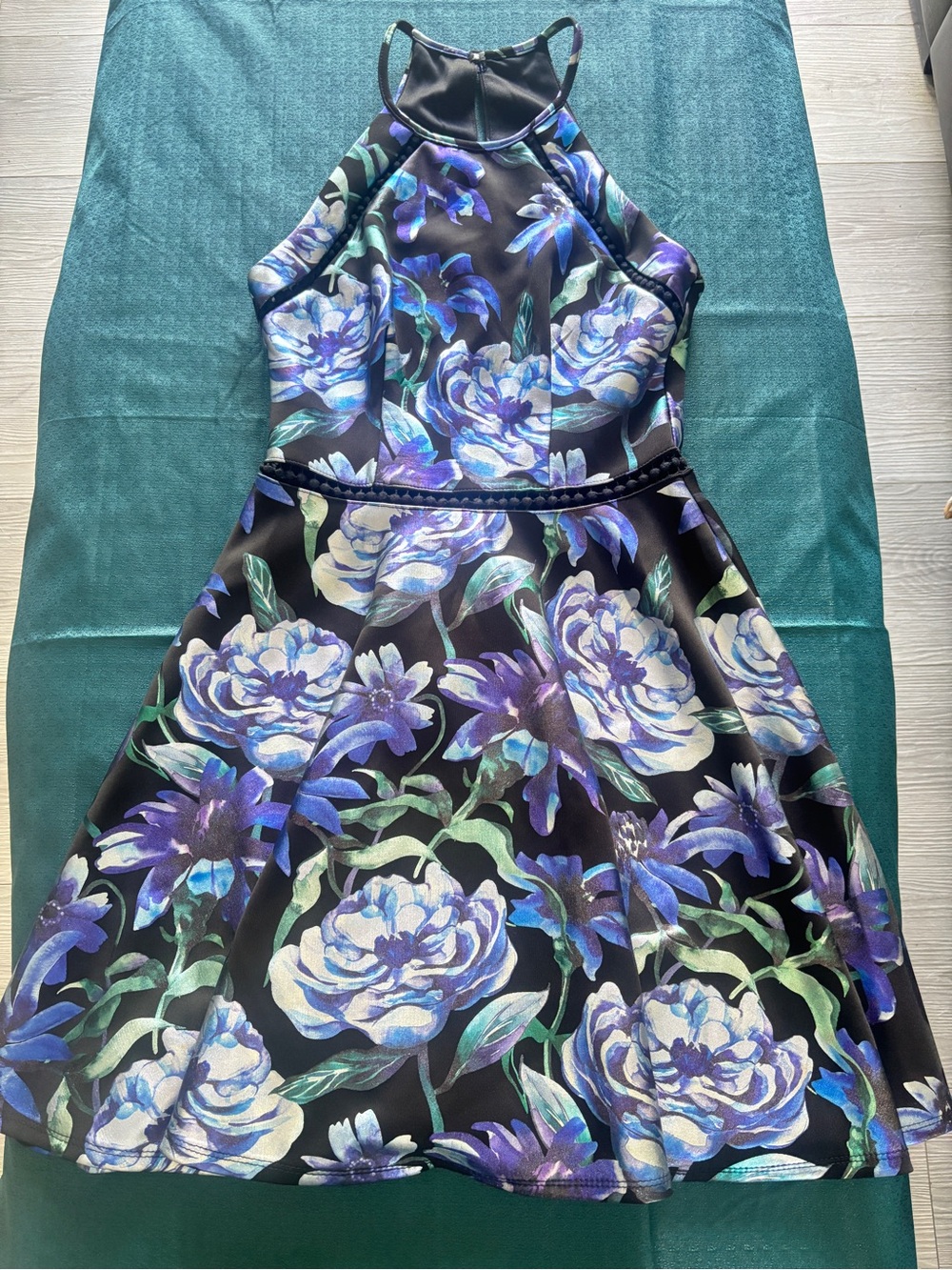 B Darlin Black Mini Dress with Blue, Purple, and Green Floral Pattern